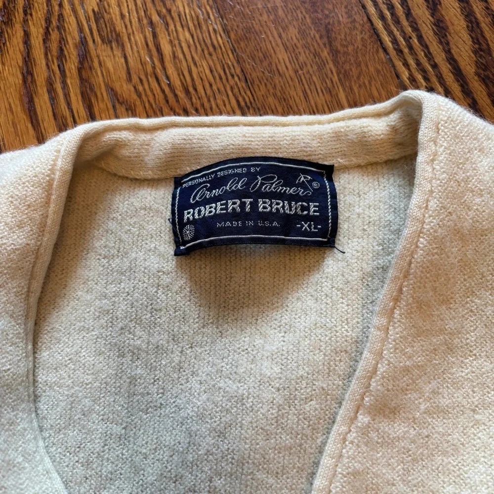 Vintage Arnold Palmer Robert Bruce Cardigan Sweater Cream XL Golf 60s 70s USA